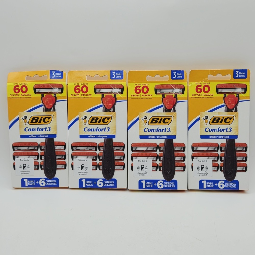 Lot of 4 BIC Comfort 3 Hybrid Men's Disposable 3 Blade Razors 4 Handles 24 Carts